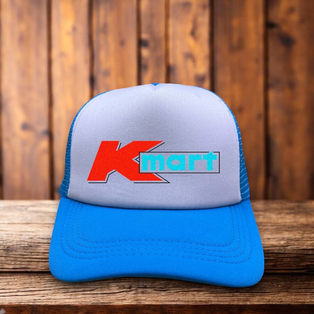 Defunct KMart Mens Trucker Hat Blue Snapback Vintage Logo Retro Baseball Cap